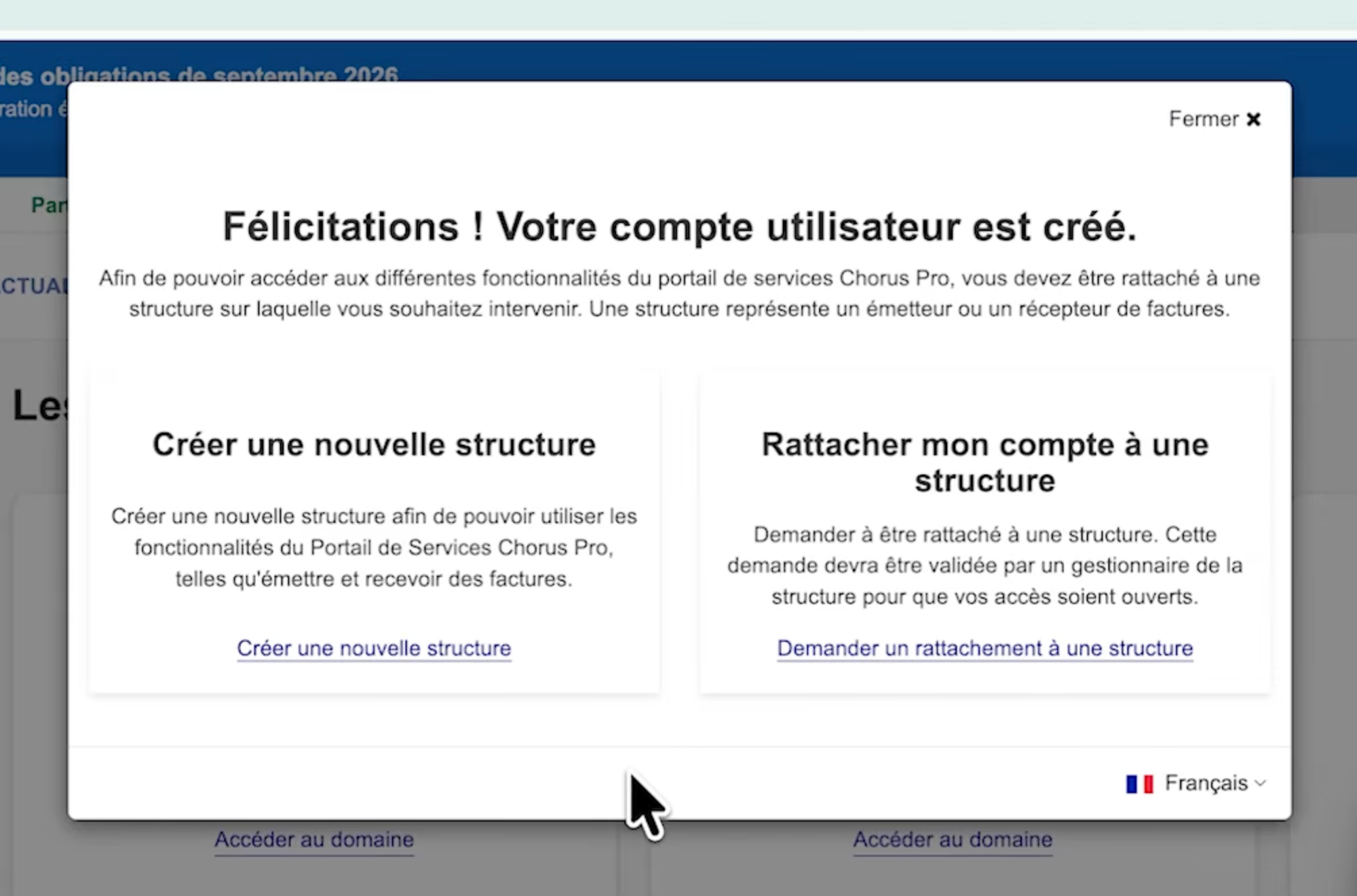 Popup compte créé Chorus Pro
