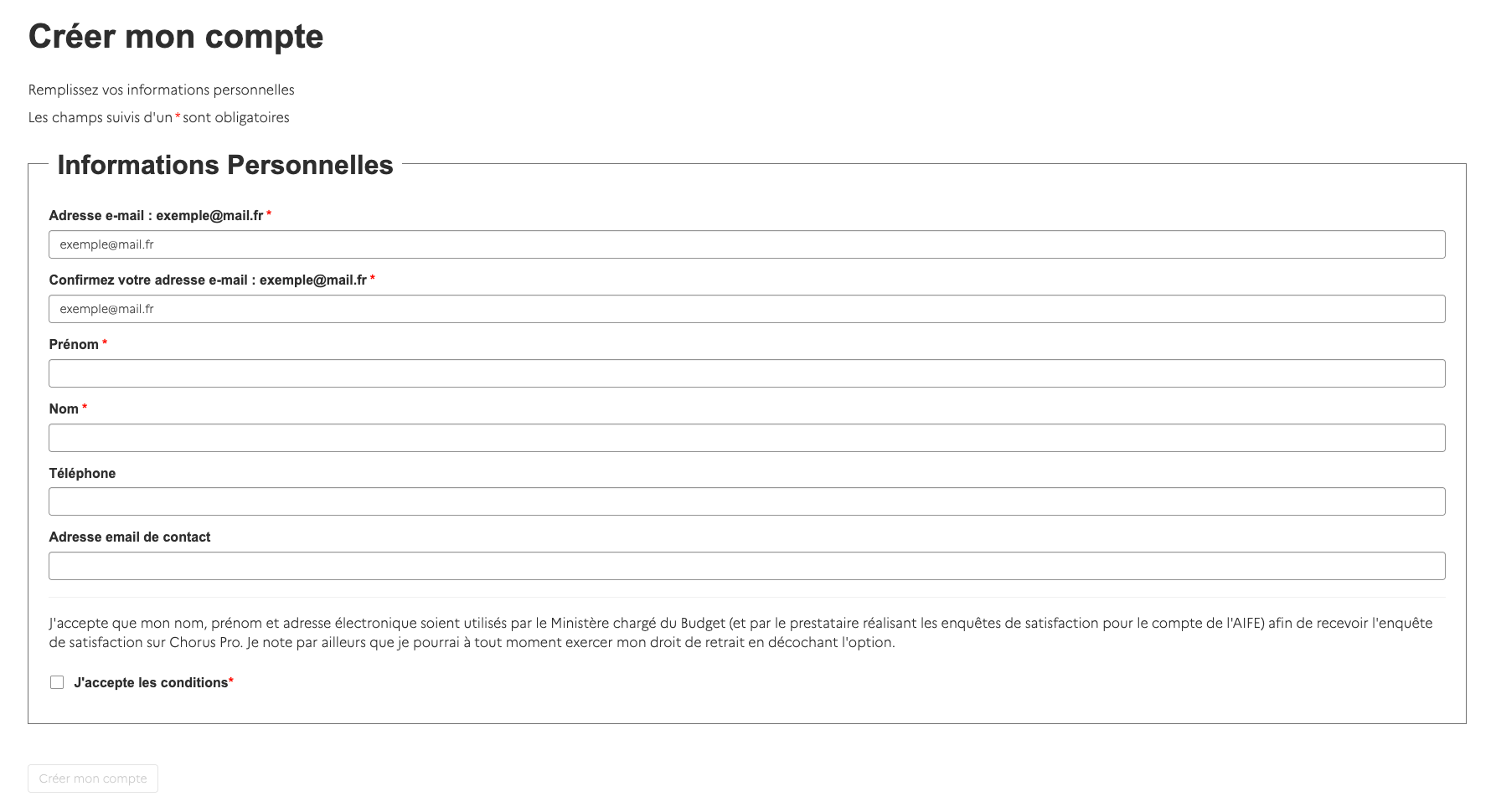 Formulaire de création de compte Chorus Pro