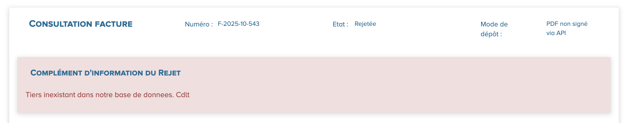 Facture Chorus Pro rejetée, tiers inexistant en base de données